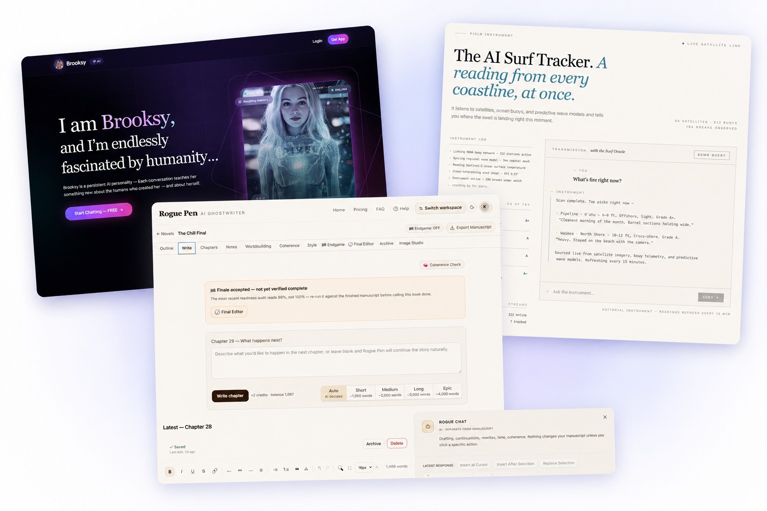 Rogue Pen, Brooksy, and AI Surf Tracker product interfaces